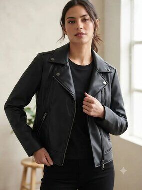 DKNY Black Faux Leather Moto Biker Jacket Size M